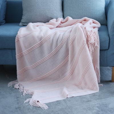 Chunky Knit Throw Blanket with Diagonal Stripes and Tassel Fringe | Diagonal Stripe Chunky Knit Throw | Throw Blankets