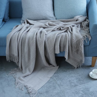 Chunky Knit Throw Blanket with Diagonal Stripes and Tassel Fringe | Diagonal Stripe Chunky Knit Throw | Throw Blankets
