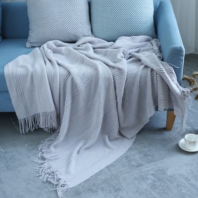 Chunky Knit Throw Blanket with Diagonal Stripes and Tassel Fringe | Diagonal Stripe Chunky Knit Throw | Throw Blankets