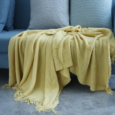 Chunky Knit Throw Blanket with Diagonal Stripes and Tassel Fringe | Diagonal Stripe Chunky Knit Throw | Throw Blankets