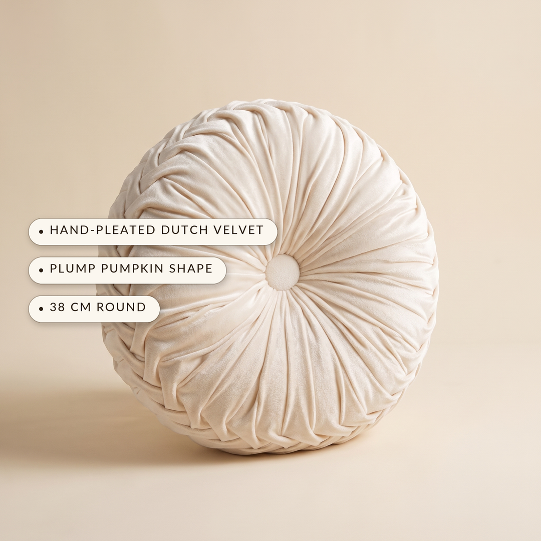 Velvet Round Cushion with Pleated Rosette Detail in Three Colours | Velvet Bloom for Chairs and Beds | Cushions