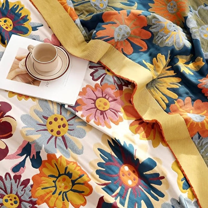 Bright Flower Reversible Organic Cotton Blanket for Bed and Sofa | Vibrant Florals, Flip for a Change | Throw Blankets