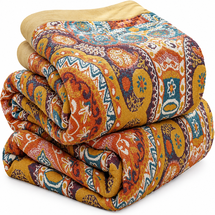 Sunrise Boho Reversible Cooling Cotton Blanket, Double Sided | Cooling Side, Knitted Side | Throw Blankets