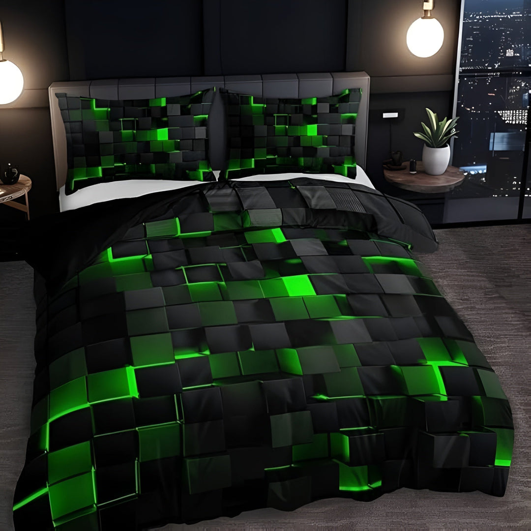 Neon 3D Grid Duvet Cover Set with Two Pillowcases | Retro Neon Grid for Gamers | Bedding Sets