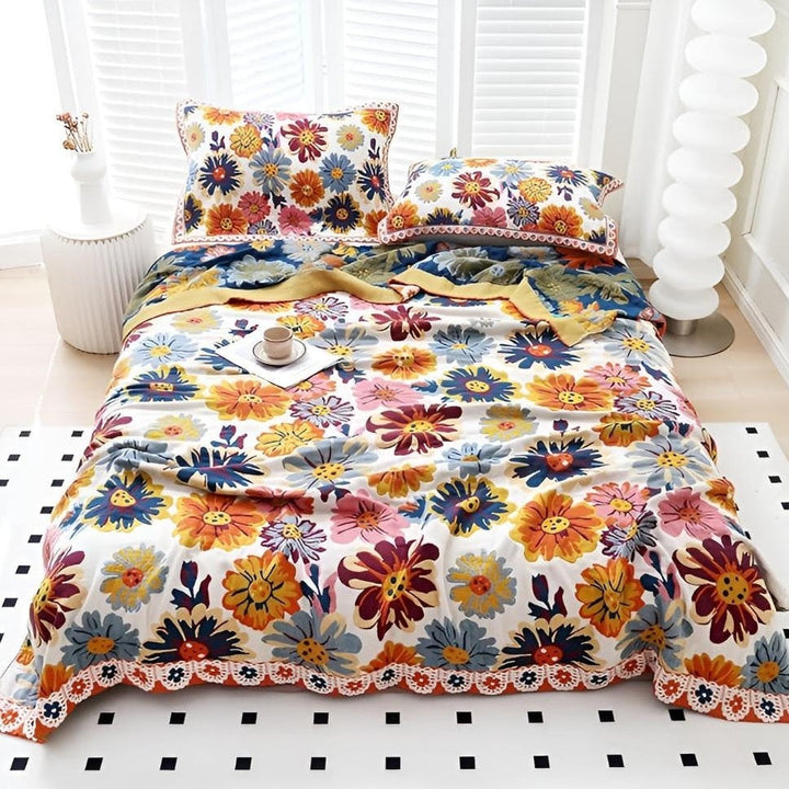 Bright Flower Reversible Organic Cotton Blanket for Bed and Sofa | Vibrant Florals, Flip for a Change | Throw Blankets