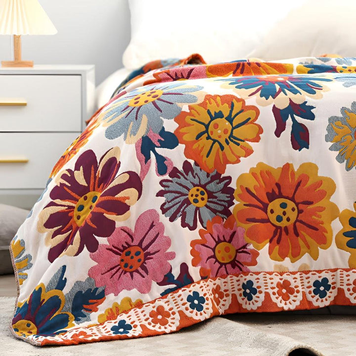 Bright Flower Reversible Organic Cotton Blanket for Bed and Sofa | Vibrant Florals, Flip for a Change | Throw Blankets