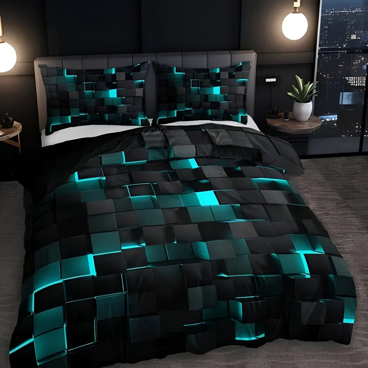 Neon 3D Grid Duvet Cover Set with Two Pillowcases | Retro Neon Grid for Gamers | Bedding Sets