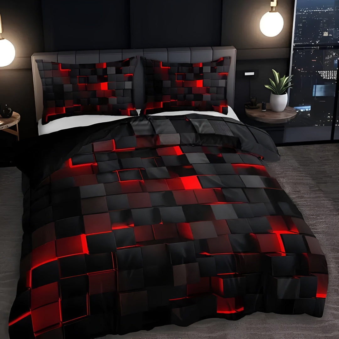 Neon 3D Grid Duvet Cover Set with Two Pillowcases | Retro Neon Grid for Gamers | Bedding Sets