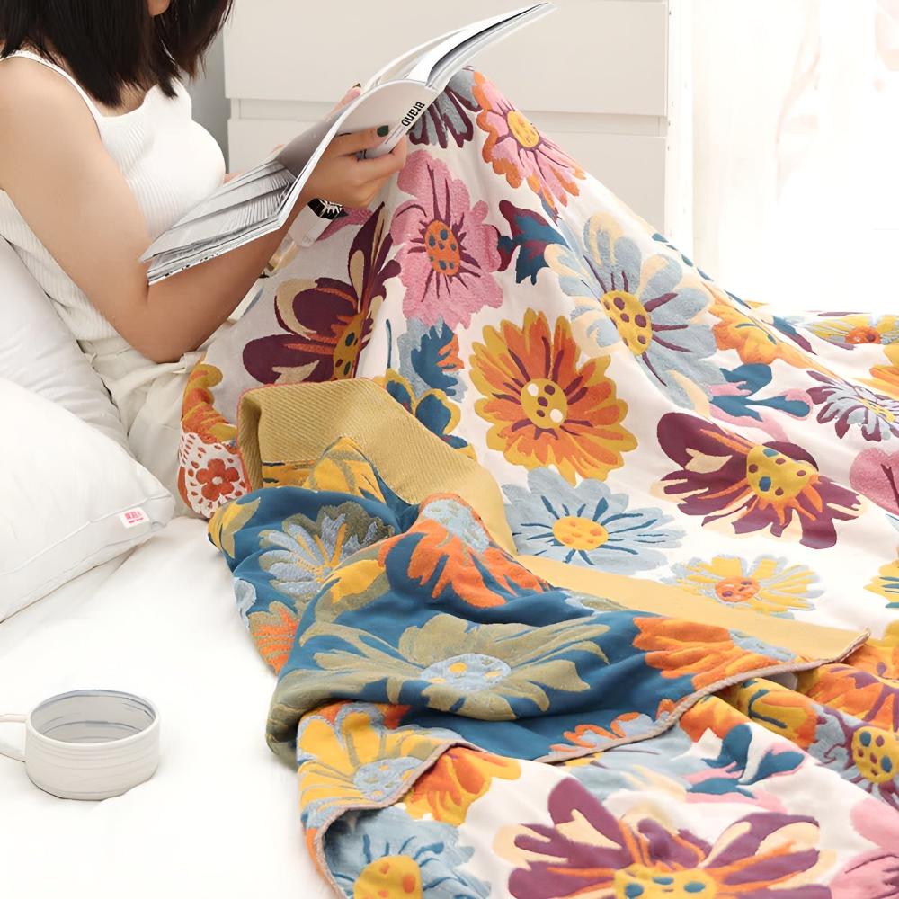Bright Flower Reversible Organic Cotton Blanket for Bed and Sofa | Vibrant Florals, Flip for a Change | Throw Blankets