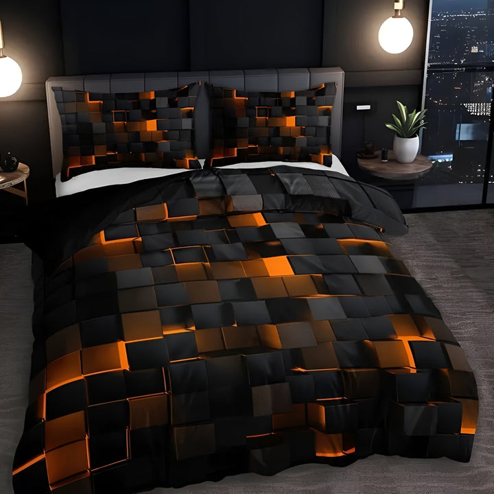 Neon 3D Grid Duvet Cover Set with Two Pillowcases | Retro Neon Grid for Gamers | Bedding Sets