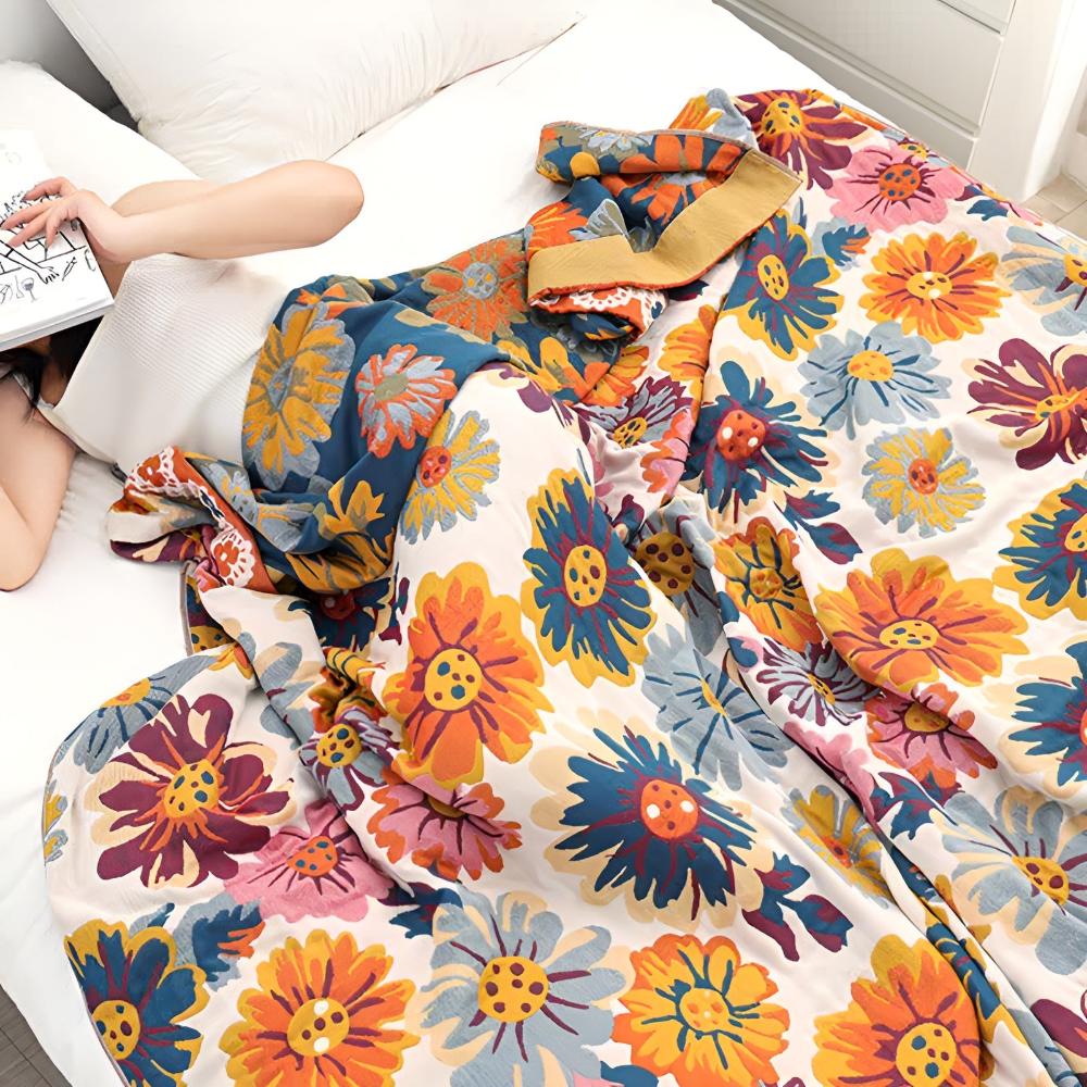 Bright Flower Reversible Organic Cotton Blanket for Bed and Sofa | Vibrant Florals, Flip for a Change | Throw Blankets