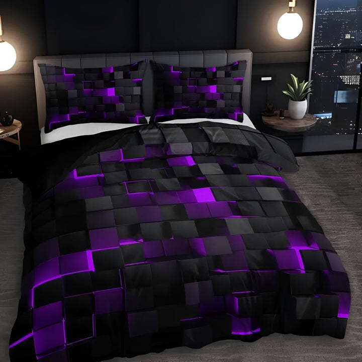 Neon 3D Grid Duvet Cover Set with Two Pillowcases | Retro Neon Grid for Gamers | Bedding Sets