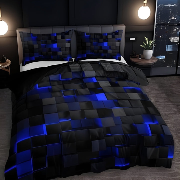 Neon 3D Grid Duvet Cover Set with Two Pillowcases | Retro Neon Grid for Gamers | Bedding Sets