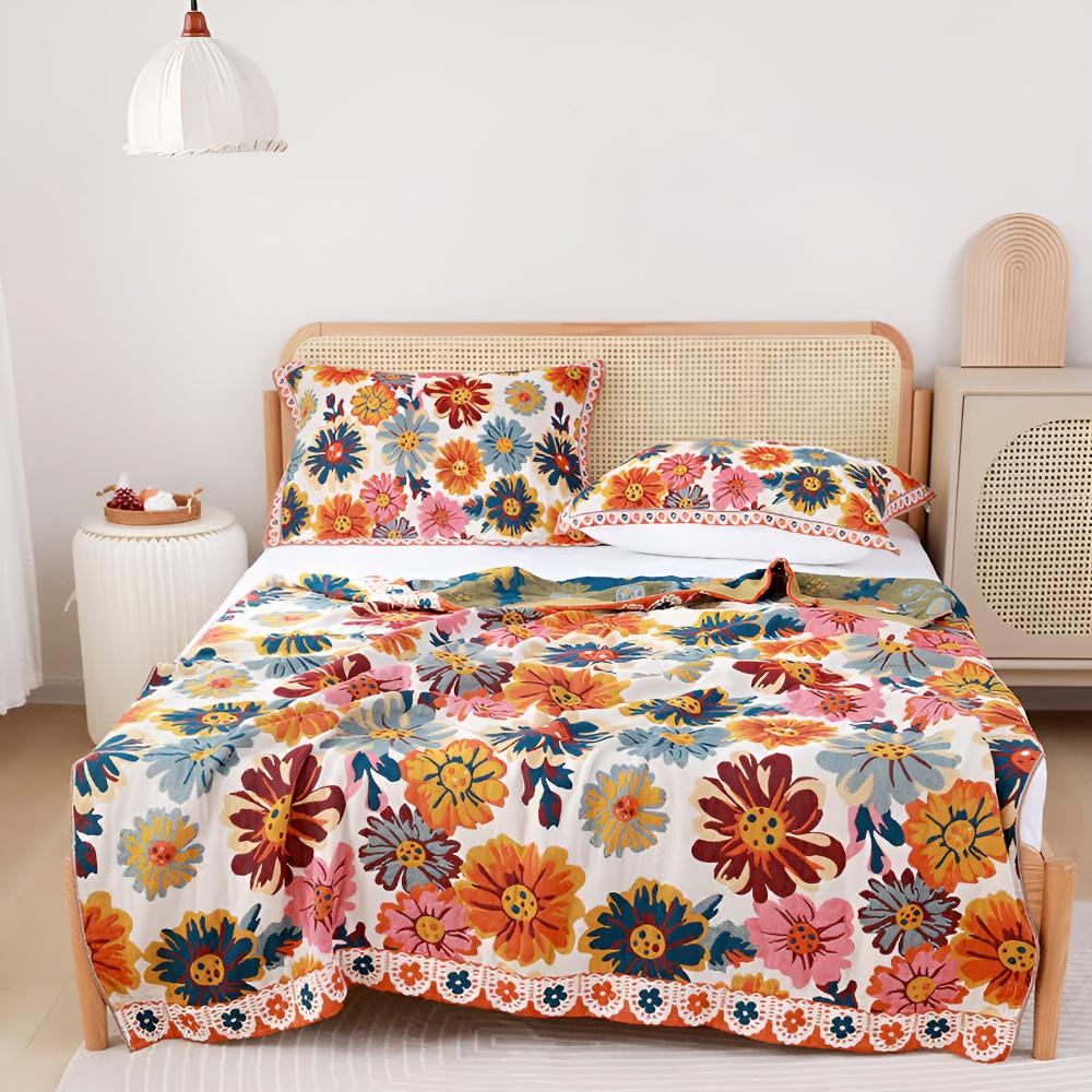 Bright Flower Reversible Organic Cotton Blanket for Bed and Sofa | Vibrant Florals, Flip for a Change | Throw Blankets