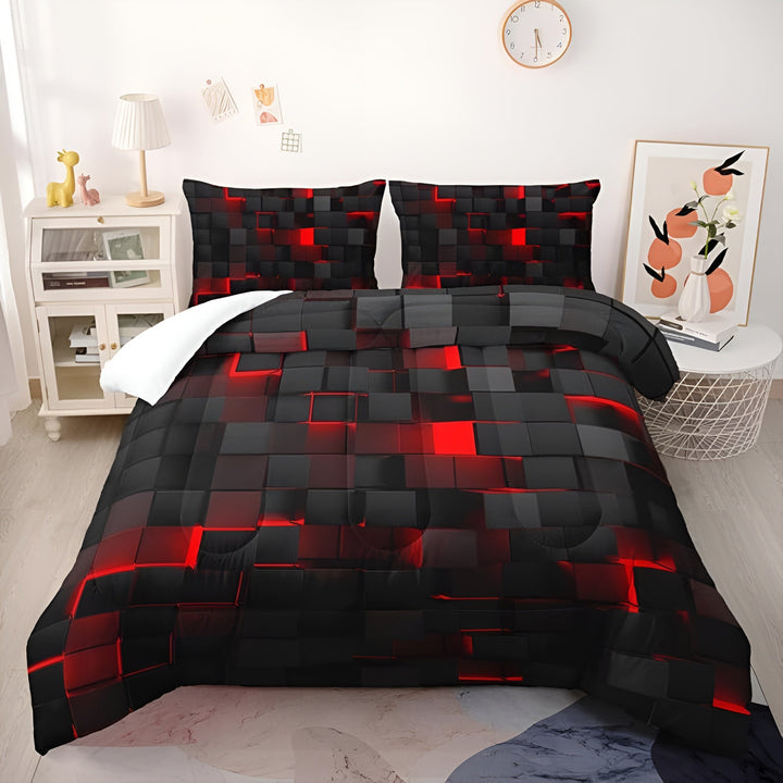 Neon 3D Grid Duvet Cover Set with Two Pillowcases | Retro Neon Grid for Gamers | Bedding Sets