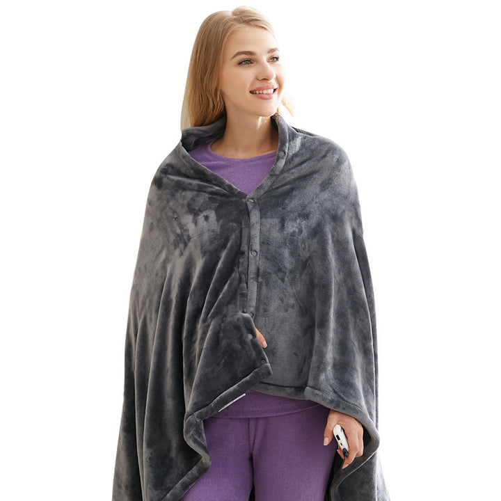 Grey USB heated shawl around the shoulders