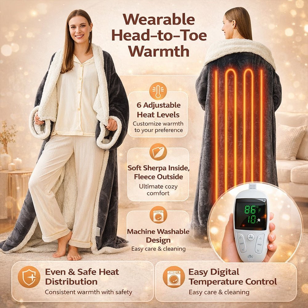 Electric Heated Wearable Blanket with Sleeves, Foot Pocket and 6 Heat Levels | Heated Wearable Blanket to the Feet | Heated Blankets