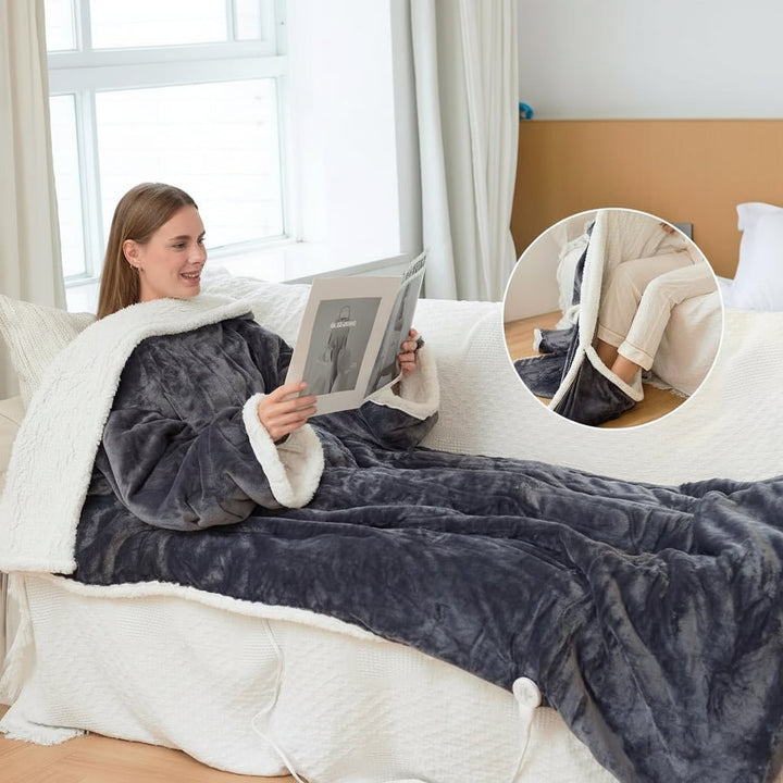 Electric Heated Wearable Blanket with Sleeves, Foot Pocket and 6 Heat Levels | Heated Wearable Blanket to the Feet | Heated Blankets