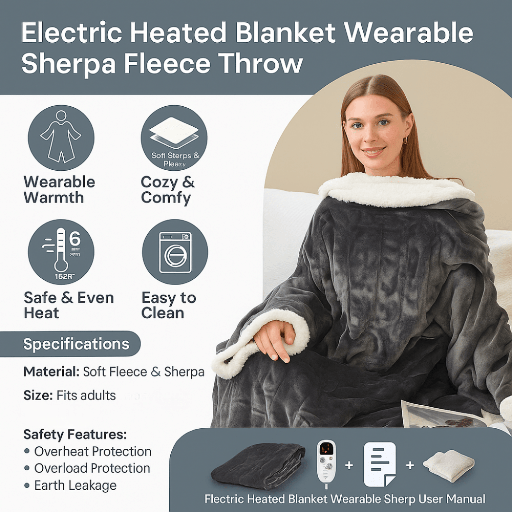 Electric Heated Wearable Blanket with Sleeves, Foot Pocket and 6 Heat Levels | Heated Wearable Blanket to the Feet | Heated Blankets