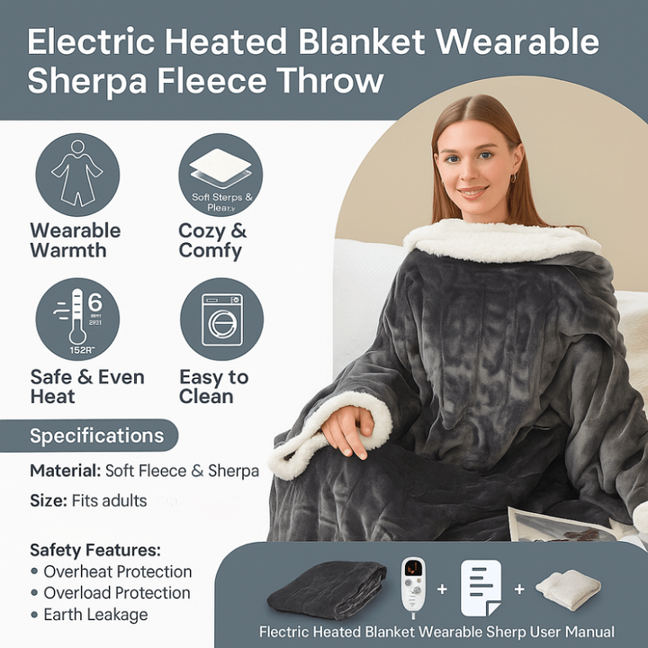 Electric Heated Wearable Blanket with Sleeves, Foot Pocket and 6 Heat Levels | Heated Wearable Blanket to the Feet | Heated Blankets