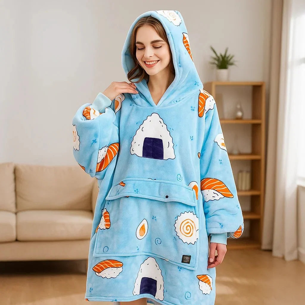 USB Heated Blanket Hoodie in Soft Oversized Flannel with Front Pocket | USB-Heated Flannel Hoodie Blanket | Heated Blankets