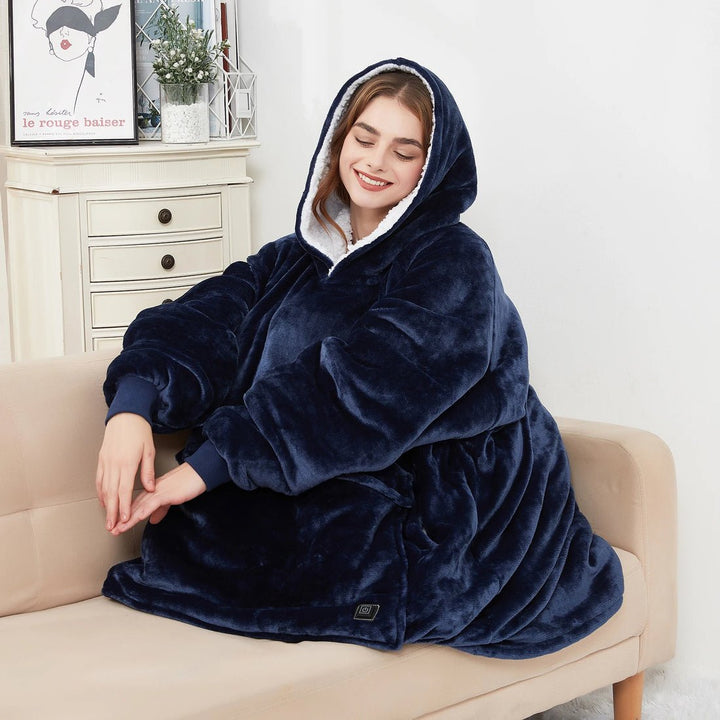 USB Heated Blanket Hoodie in Soft Oversized Flannel with Front Pocket | USB-Heated Flannel Hoodie Blanket | Heated Blankets