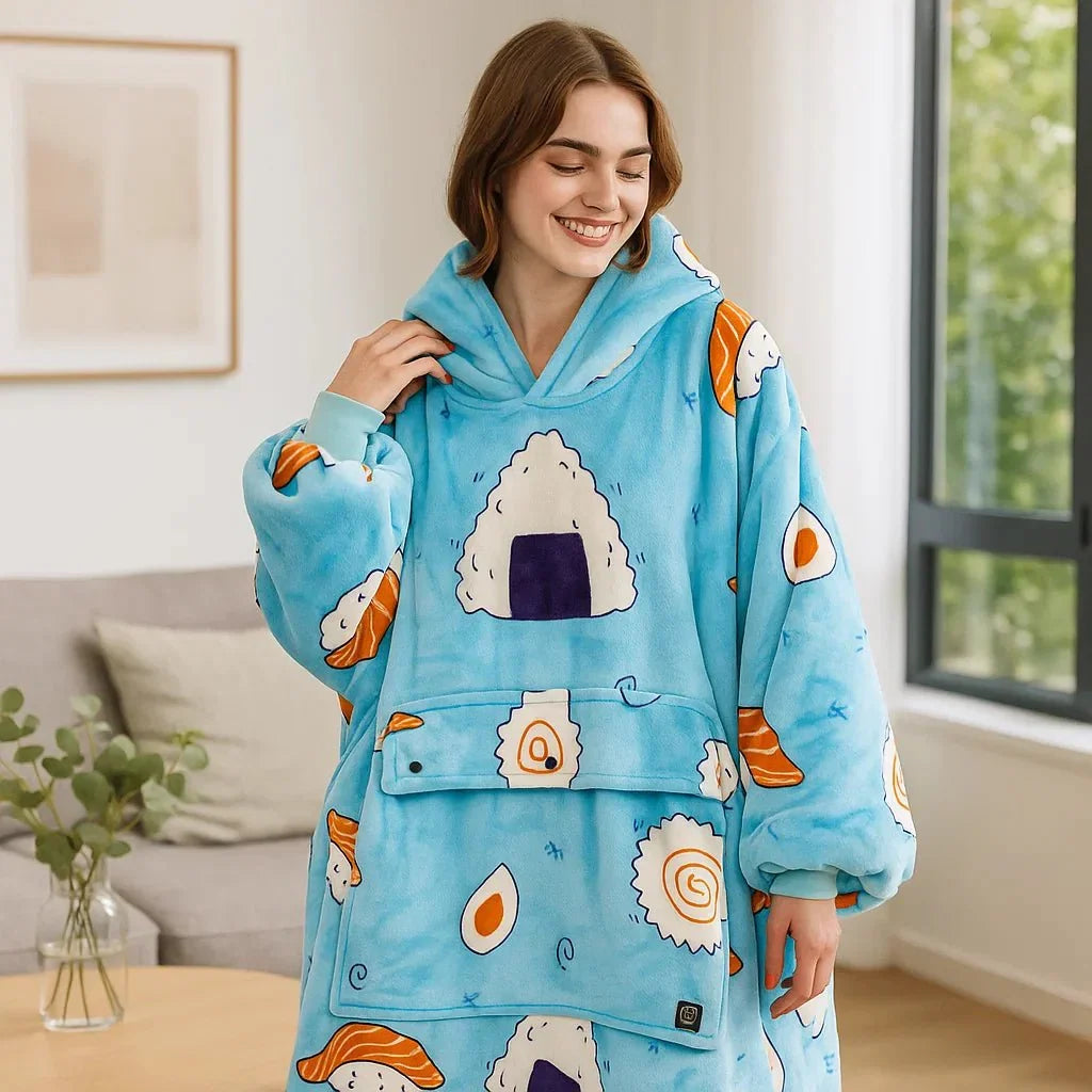 USB Heated Blanket Hoodie in Soft Oversized Flannel with Front Pocket | USB-Heated Flannel Hoodie Blanket | Heated Blankets