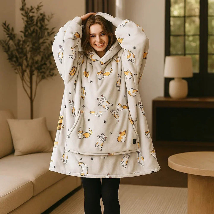 USB Heated Blanket Hoodie in Soft Oversized Flannel with Front Pocket | USB-Heated Flannel Hoodie Blanket | Heated Blankets