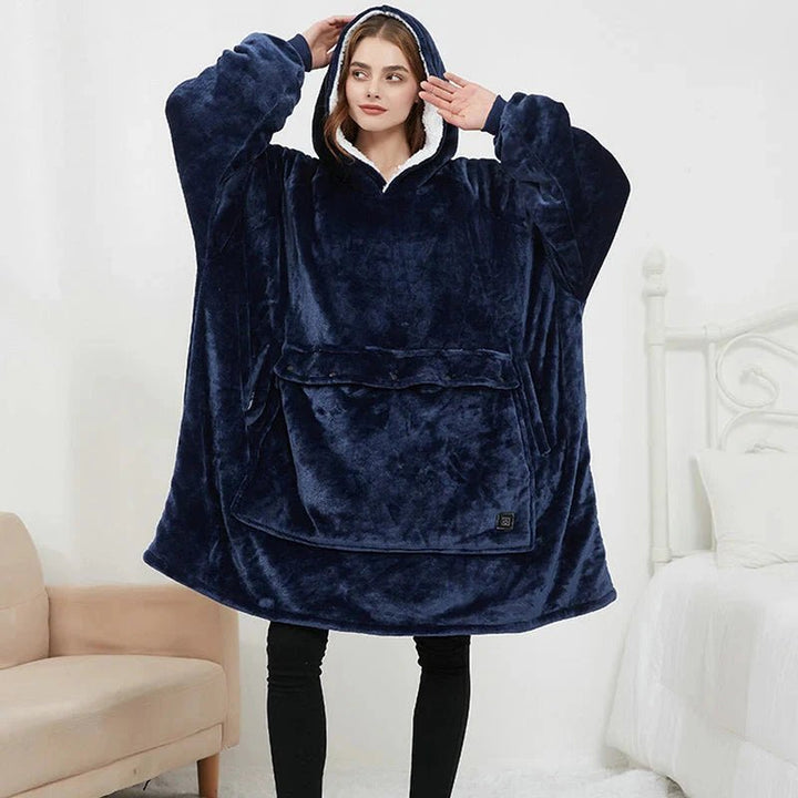 USB Heated Blanket Hoodie in Soft Oversized Flannel with Front Pocket | USB-Heated Flannel Hoodie Blanket | Heated Blankets