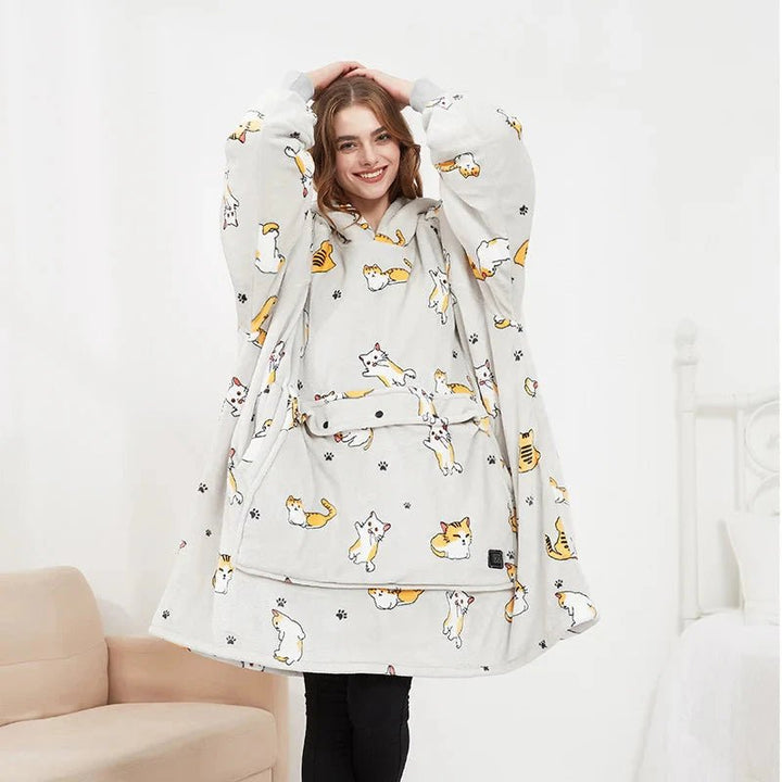 USB Heated Blanket Hoodie in Soft Oversized Flannel with Front Pocket | USB-Heated Flannel Hoodie Blanket | Heated Blankets