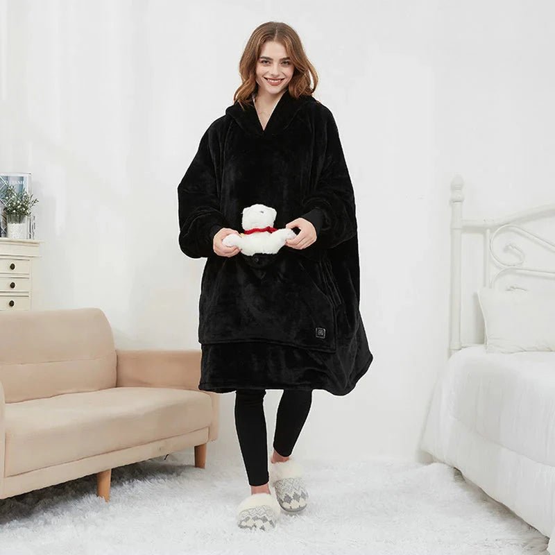USB Heated Blanket Hoodie in Soft Oversized Flannel with Front Pocket | USB-Heated Flannel Hoodie Blanket | Heated Blankets