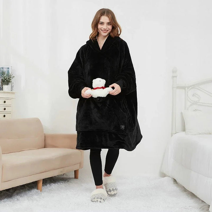 USB Heated Blanket Hoodie in Soft Oversized Flannel with Front Pocket | USB-Heated Flannel Hoodie Blanket | Heated Blankets