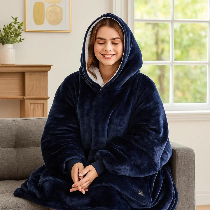 USB Heated Blanket Hoodie in Soft Oversized Flannel with Front Pocket | USB-Heated Flannel Hoodie Blanket | Heated Blankets