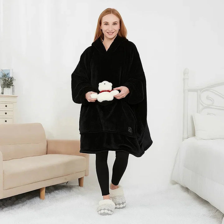 USB Heated Blanket Hoodie in Soft Oversized Flannel with Front Pocket | USB-Heated Flannel Hoodie Blanket | Heated Blankets