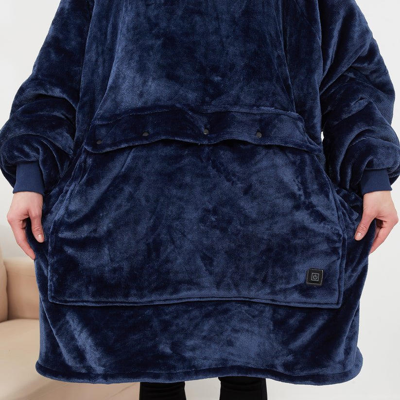 USB Heated Blanket Hoodie in Soft Oversized Flannel with Front Pocket | USB-Heated Flannel Hoodie Blanket | Heated Blankets