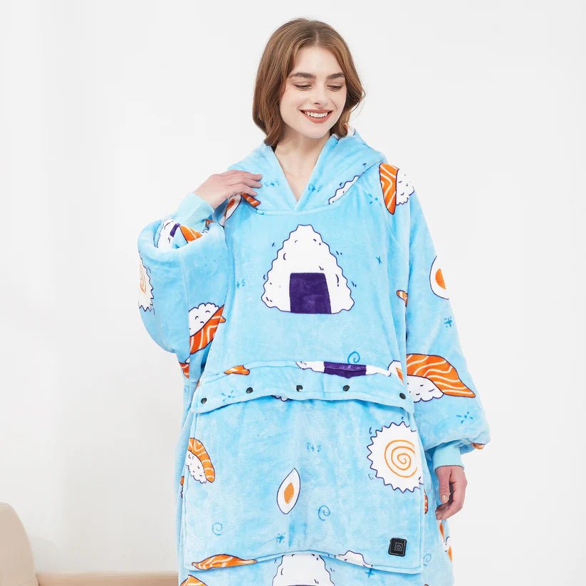 USB Heated Blanket Hoodie in Soft Oversized Flannel with Front Pocket | USB-Heated Flannel Hoodie Blanket | Heated Blankets