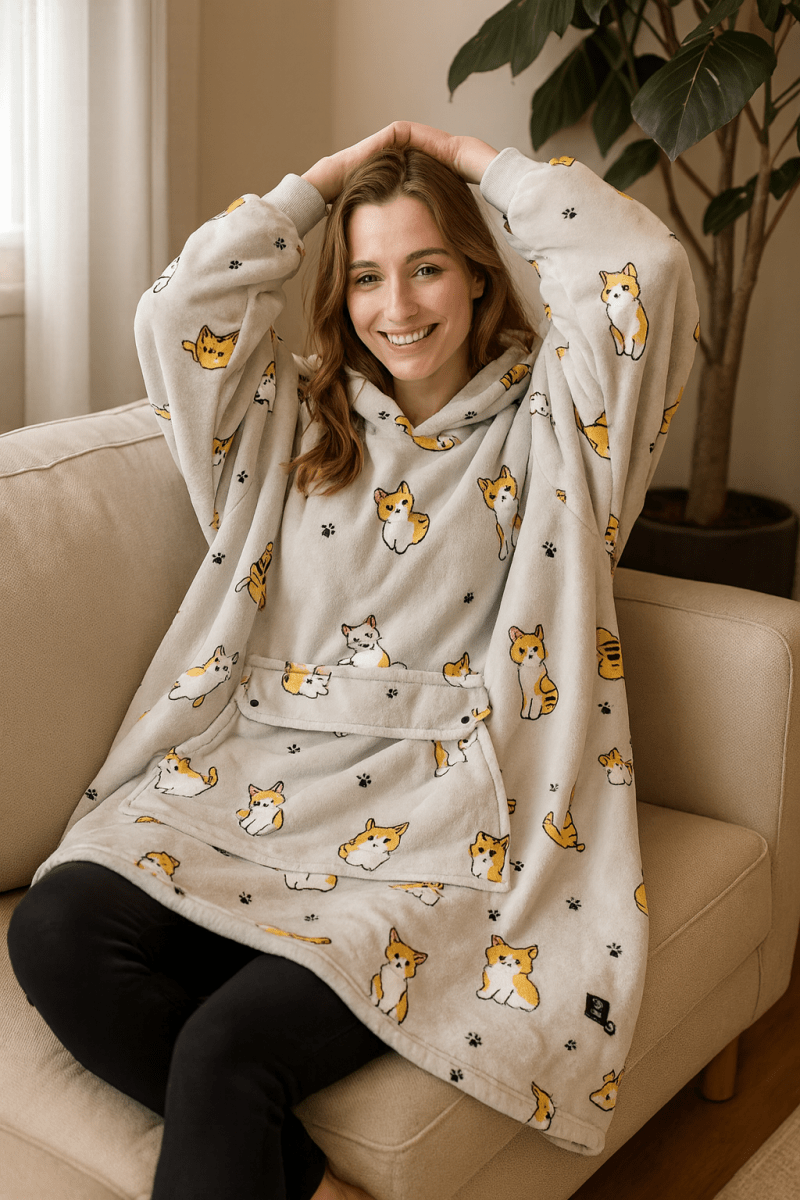 USB Heated Blanket Hoodie in Soft Oversized Flannel with Front Pocket | USB-Heated Flannel Hoodie Blanket | Heated Blankets