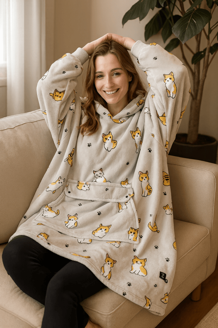 USB Heated Blanket Hoodie in Soft Oversized Flannel with Front Pocket | USB-Heated Flannel Hoodie Blanket | Heated Blankets