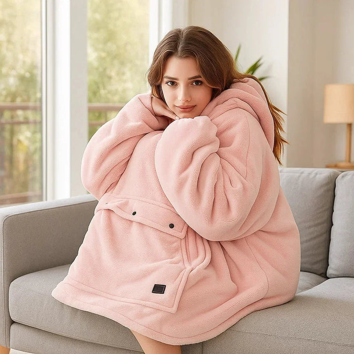 USB Heated Blanket Hoodie in Soft Oversized Flannel with Front Pocket | USB-Heated Flannel Hoodie Blanket | Heated Blankets