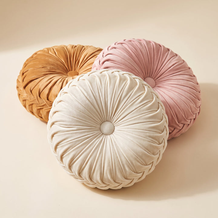 Velvet Round Cushion with Pleated Rosette Detail in Three Colours | Velvet Bloom for Chairs and Beds | Cushions