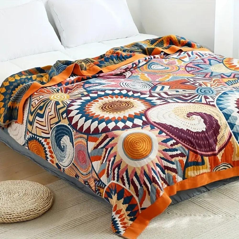Nordic Sunburst Cotton Throw Blanket in Three Sizes up to 91 x 98 Inch | Sunburst Motif, Light Cotton Warmth | Throw Blankets