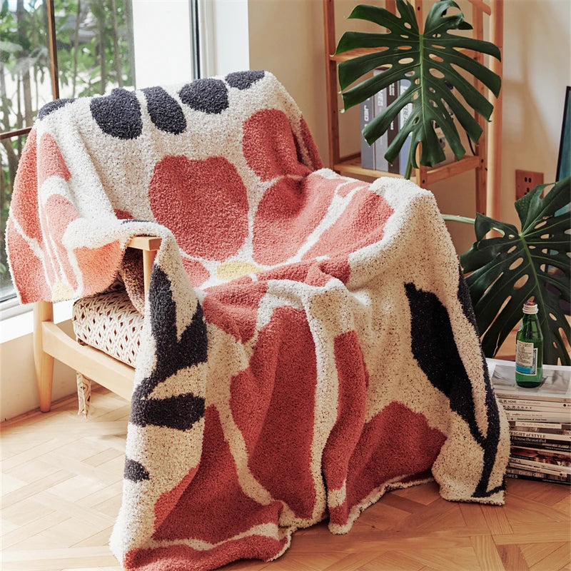 Boho Floral Leaves Microfiber Jacquard Knitted Throw Blanket | Boho Floral Knit Comfort | Throw Blankets