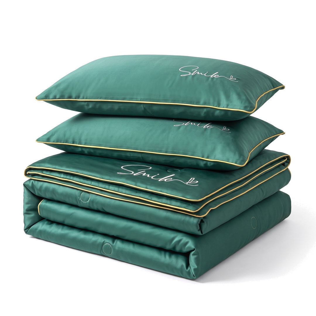 Embroidered Washed Silk Summer Quilt Set with Two Pillowcases | Light Embroidered Silk for Warm Nights | Bedding Sets