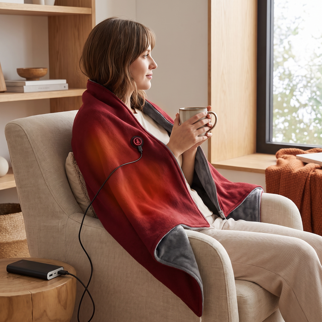 8-Zone USB Heated Shawl in A-Class Cotton, 150 x 80 cm with Zipper | Even 8-Zone Heated Cotton Shawl | Heated Blankets