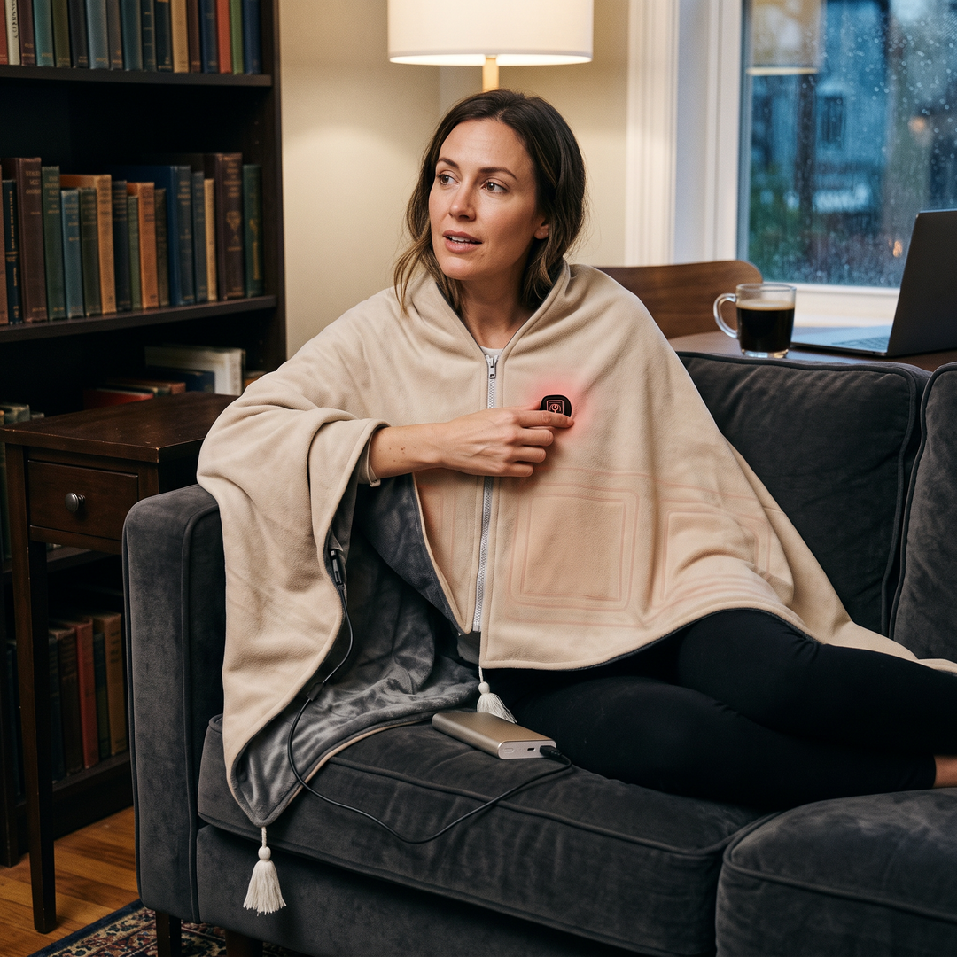 8-Zone USB Heated Shawl in A-Class Cotton, 150 x 80 cm with Zipper | Even 8-Zone Heated Cotton Shawl | Heated Blankets