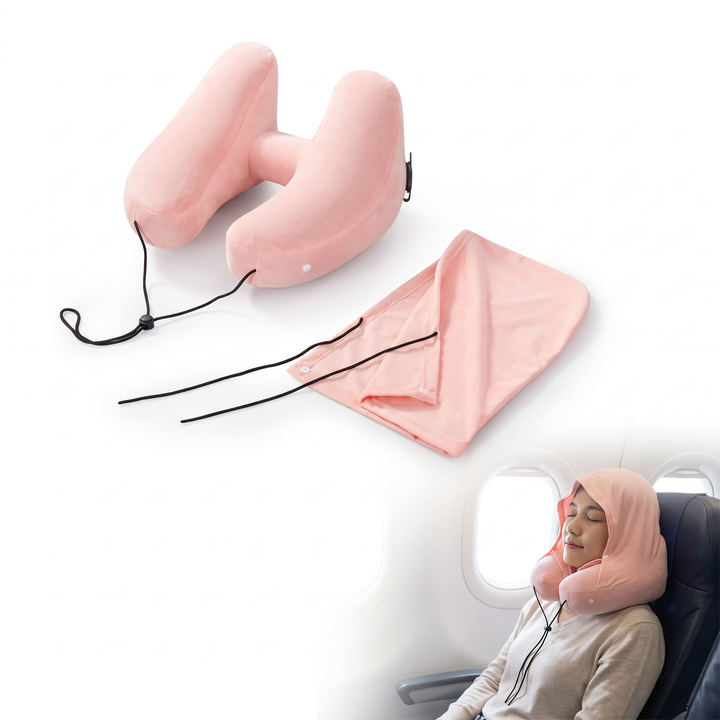 Inflatable Hooded Travel Pillow with Built-In Blackout Cap | Sleep Anywhere You Travel | Travel Pillows