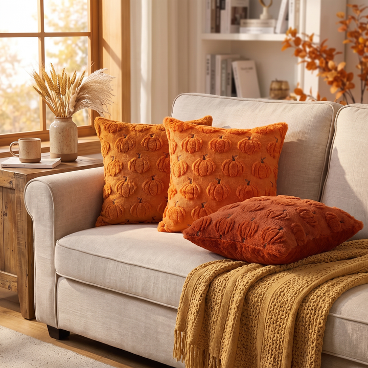 Embroidered Pumpkin Cushion Covers in Soft Faux Fur | Cozy Fall Decor Made Easy | Cushion Covers