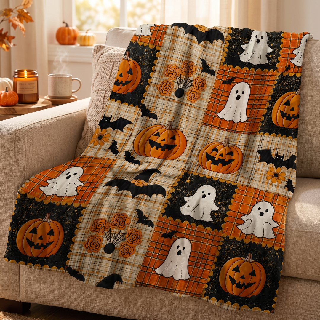 Patchwork Halloween Throw Blanket with Pumpkin and Ghost Print | Seasonal Style for Your Sofa | Throw Blankets