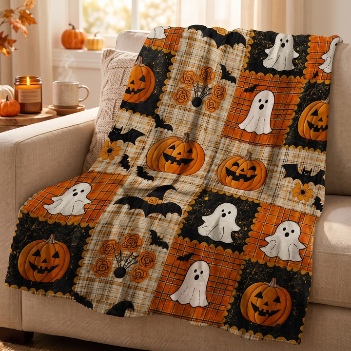Patchwork Halloween Throw Blanket with Pumpkin and Ghost Print | Seasonal Style for Your Sofa | Throw Blankets