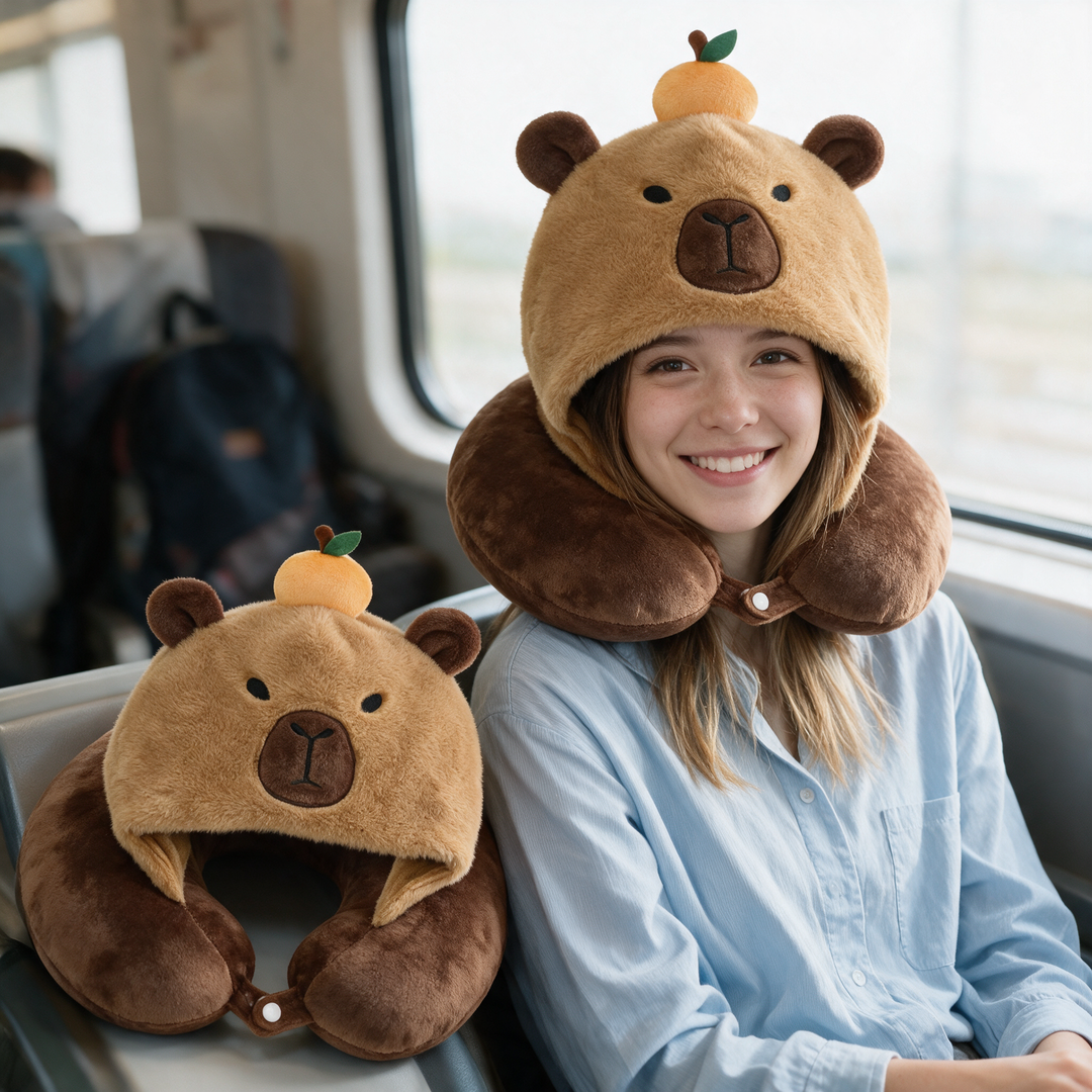Hooded Capybara Travel Pillow with Plush Character Hood | Cuddly Hood and Neck Support | Travel Pillows